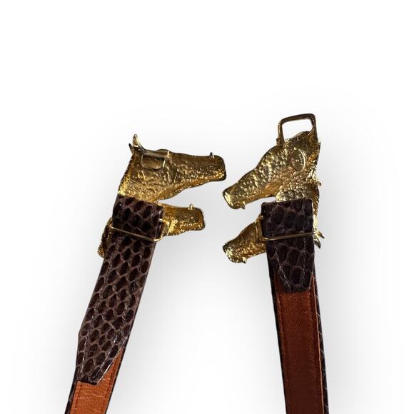 Vtg Alexis Kirk Belt Four Horse Head Gold Tone Buckle Brown Snake Leather 1980s main image 13